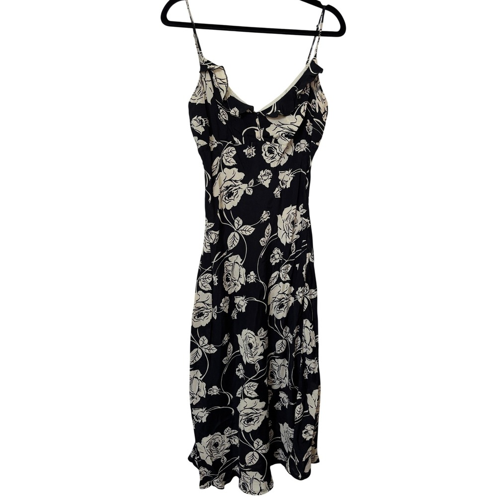 Y2K Le‎ Chateau Black Cream Floral Rose Ruffle Midi Slip Dress Large Rayon 90s